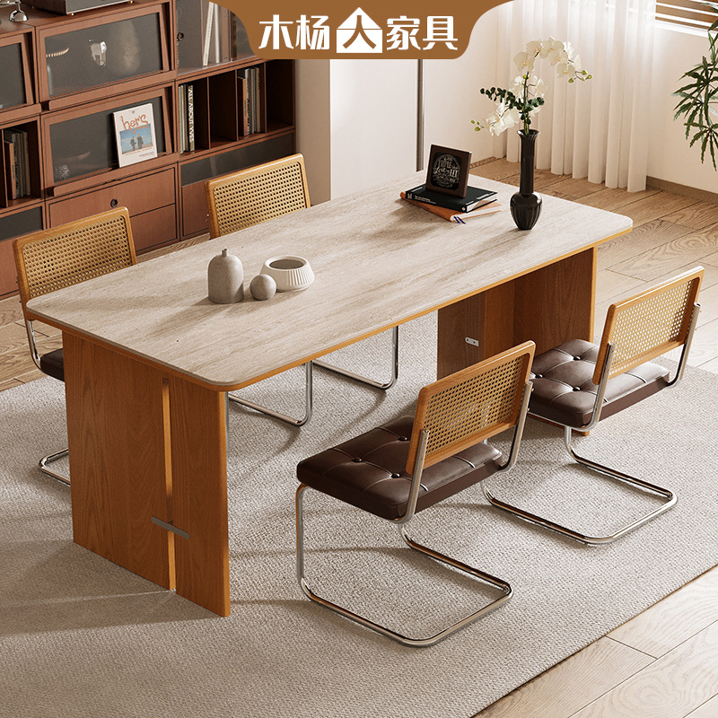 Muyangren 프렌치 크림 스타일 석회암 슬레이트 식탁 긴 테이블 작은 아파트 식탁 단단한 나무 식탁과 의자 세트