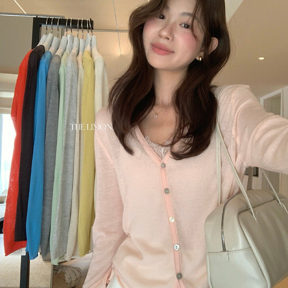 Áo khoác cardigan V-neck dệt kim sợi tencel linen chống nắng mỏng nhẹ xuân hè — Đỏ thẫm, Xám cacbon, xám đậm, trắng ngà