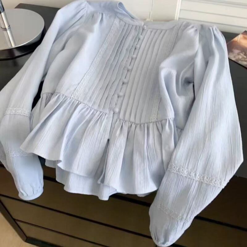 French-Style Blue Lace Spliced Long-Sleeve Shirt for Women, Petite Design Niche Top