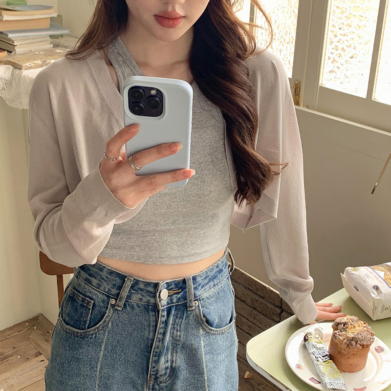 Ropa de protección solar de las mujeres primavera y verano de punto Delgado cardigan de seda de hielo de punto exterior chal con tirantes falda blusa abrigo