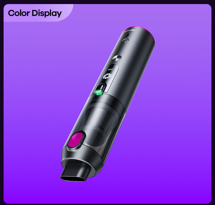 REMAX Rui Liang car-mounted, cordless, brushless vacuum cleaner with integrated blowing and suction functions, featuring a built-in light and long battery life for convenient portability