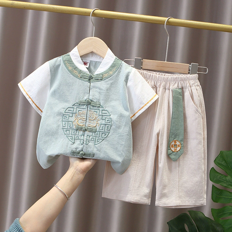 Летняя одежда Hanfu для мальчиков в китайском стиле для годовалого ребенка, детский китайский костюм Тан, детский хлопковый льняной костюм с короткими рукавами, древний костюм, комплект из двух предметов.