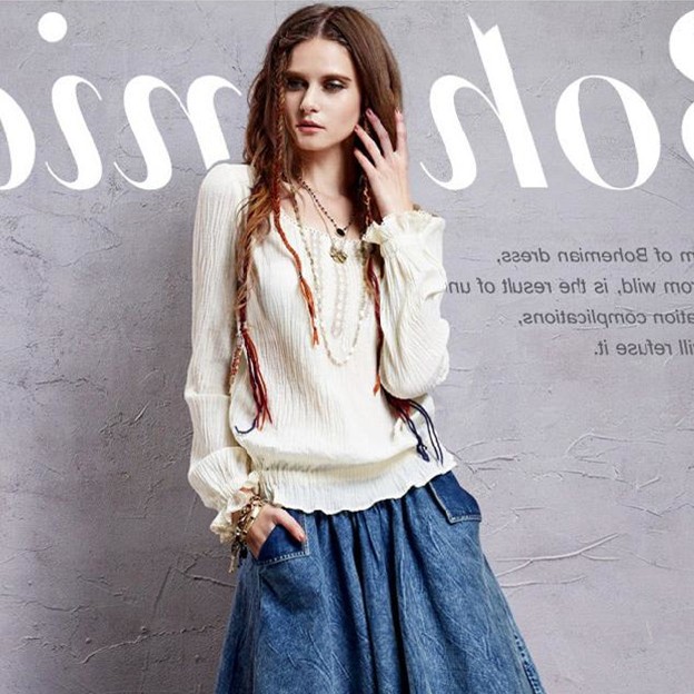 女装复古波西米亚荷叶边泡泡松紧腰百搭白色衬衫