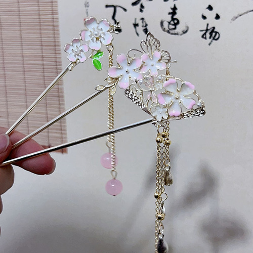 Antique-style fan cherry blossoms butterflies tassel hairpin retro temperament coiled hairpin hair accessory Hanfu hair pendant hairpin head accessory hair decoration