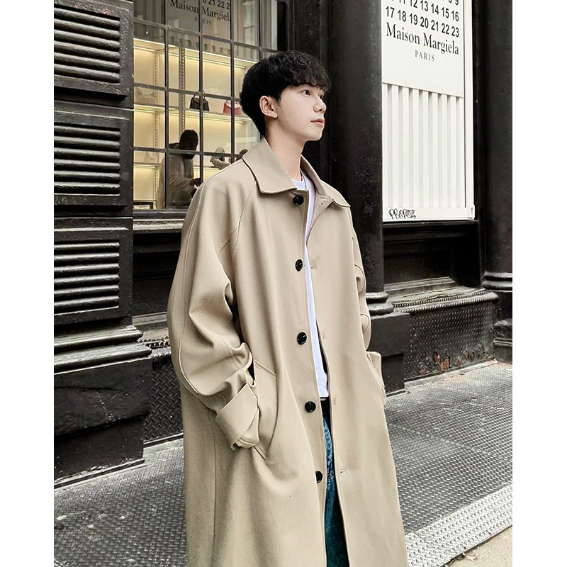 日本の春秋の襟をめくる風の服の男性の中で長いタイプの英倫の風のコートの潮流のゆったりしている通勤のレジャーのコートの韓国版|undefined