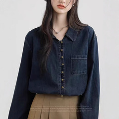 2025春秋新款POLO领复古长袖牛仔衬衫女宽松港风设计感衬衣外套潮