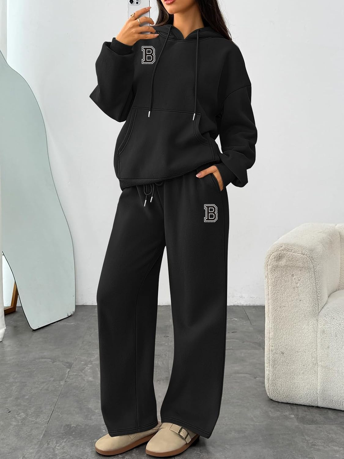 Letter Print Hoodie Sweatshirt Set Wide Leg Pants Straight Leg Pants Autumn Winter Hot Selling_ecoleips.com