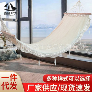 Factory supply outdoor cotton canvas tassel hammock with lace wholesale indoor outdoor leisure tassel hammock