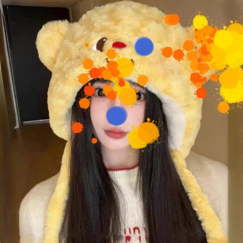 Kreskówka Słodki Miś Masło Pluszowy Wełniany Rękaw Dzianinowy Zintegrowany Ciepły Zimnoodporny Gruby Jesień i Zima Lei Feng Czapka_voghion.com