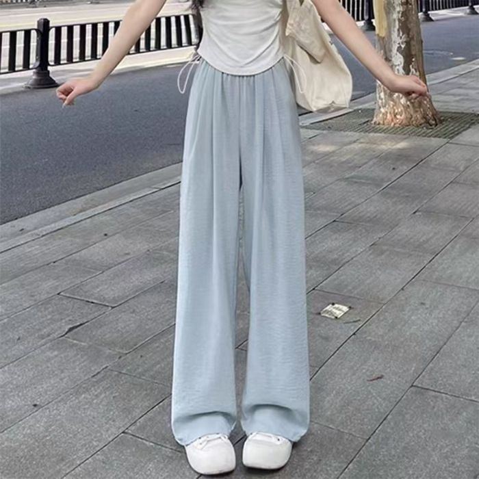 夏季薄款小个子女无托腹宽松夏款奶芙休闲长裤子外穿裤阔腿裤粉色|undefined