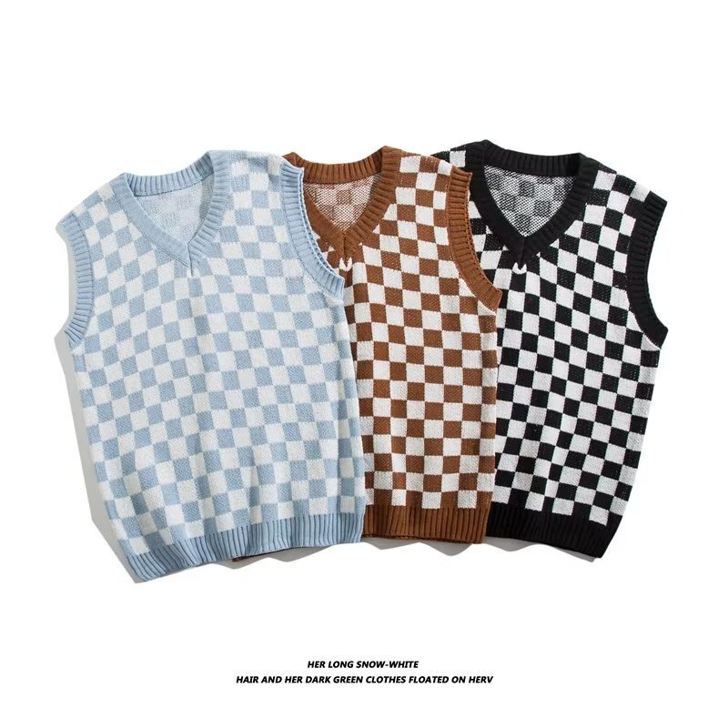 South Korea Classic Vintage Plaid V-Neck Waistcoat Autumn and Winter British College Style Black and White Plaid Sweater Vest for Men South Korea Classic Vintage Plaid V-Neck Waistcoat Autumn and Winter British College Style Black and White Plaid Sweater Vest for Men