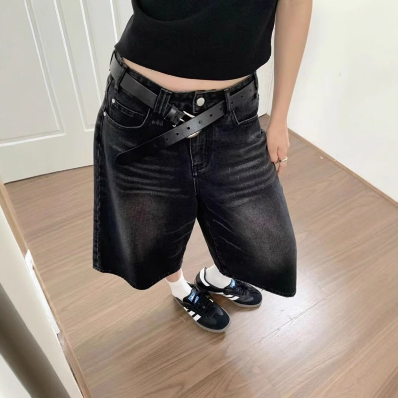 2026 American-Style Black Denim Cropped Pants for Women, Summer Vintage Loose-Fitting Mid-Length Pants, Straight-Leg Pants, Plus Size Short Pants