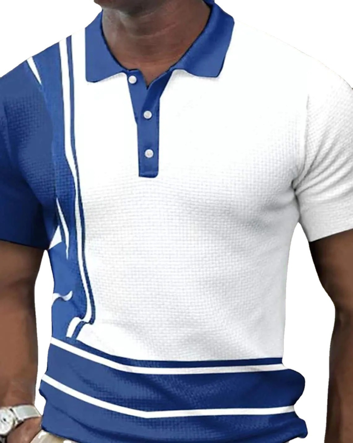 Summer New Men's Polo Shirt Short Sleeved Color Block Stripe Button Waffle Pattern T-Shirt_voghion.com