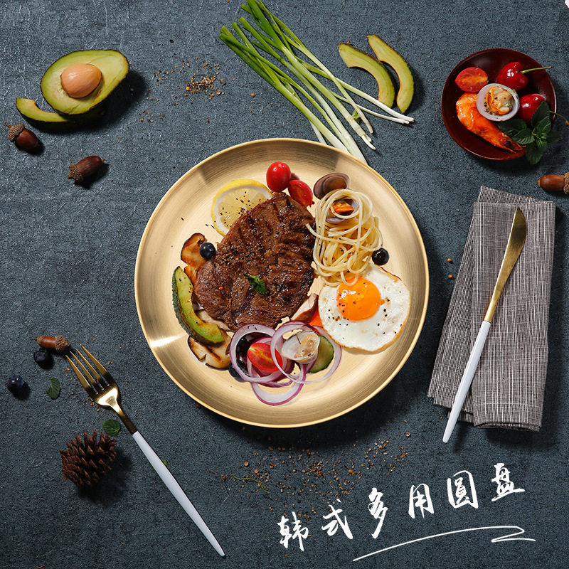 304 Korean stainless steel barbecue plate golden disc barbecue plate buffet Western plate fruit dessert snack plate