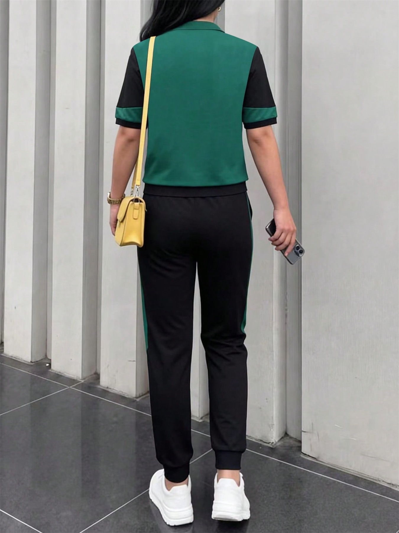 Women's Casual Sportswear Set Spring/Summer Color Blocked Polo Shirt & High Waisted Striped Pants Regular Fit_ecoleips.com
