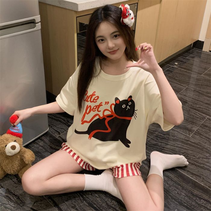Transfronterizo al por mayor hellokitty verano imitación algodón dibujos animados sueltos pantalones cortos de manga corta traje de servicio a domicilio lindo pijama mujer