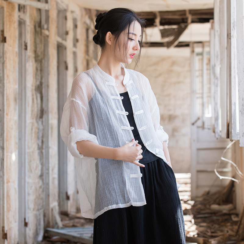 Camisa de mujer de algodón y lino de estilo chino diseño de mujer sentido nicho protección solar moda nacional aire acondicionado camisa cardigan top coat verano image 3