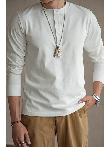 American Retro Heavyweight Henley Shirt Slim Cotton T-Shirt Men Long Sleeve Loose Base Shirt Khaki Tough Guy Men Autumn Summer