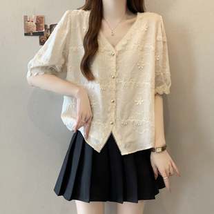 Plus Size Belly-Covering Fashionable Lace Embroidered Short-Sleeved Shirt for Women in Summer Fat mm Loose Slimming Look Versatile Age-Reducing Top