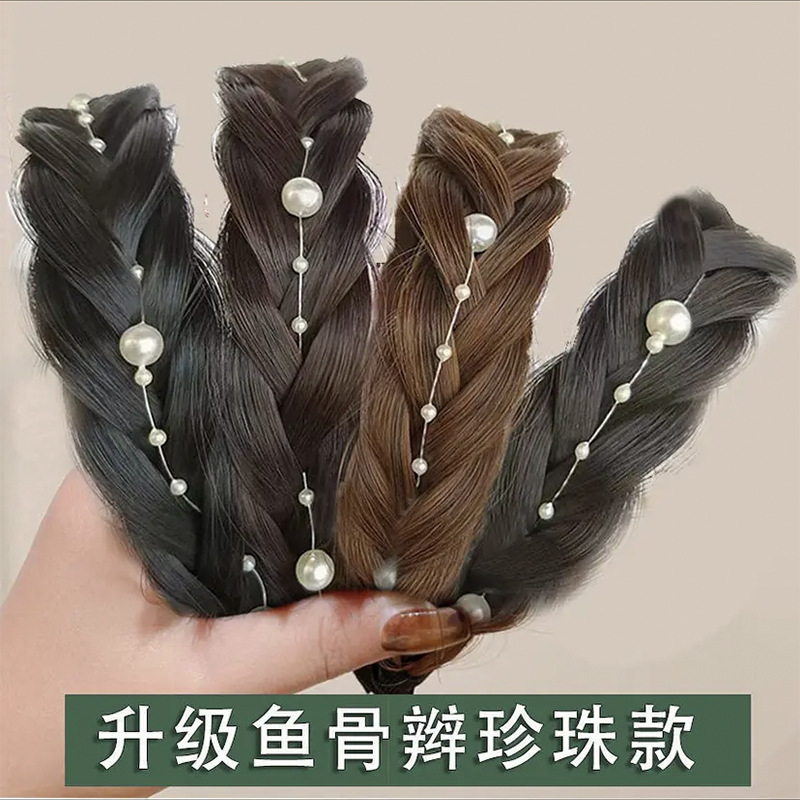 Pearl fishbone braid wig hairband high cranial top with teeth non-slip age-reducing hair accessories headdress lazy hair pressure headband wholesale