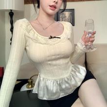 秋冬新款方领蝴蝶结蕾丝边拼接长袖针织衫女韩系风修身内搭针织衫