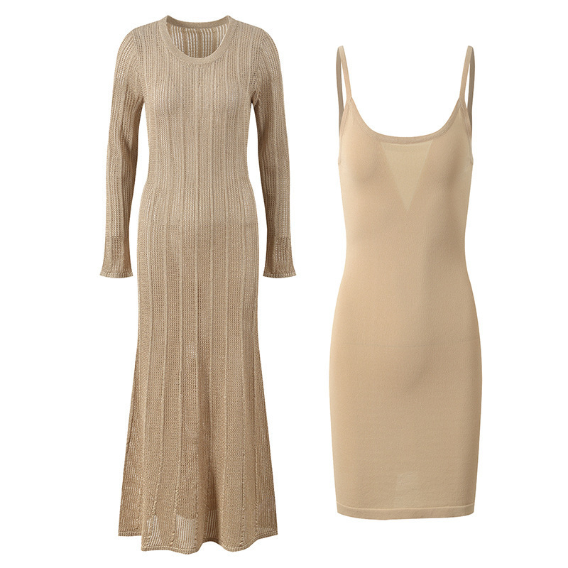 2025 Spring/Summer New Vertical Striped Hollow Out Slim Fit Elegant Round Neck Long Knitted Dress and Camisole Set