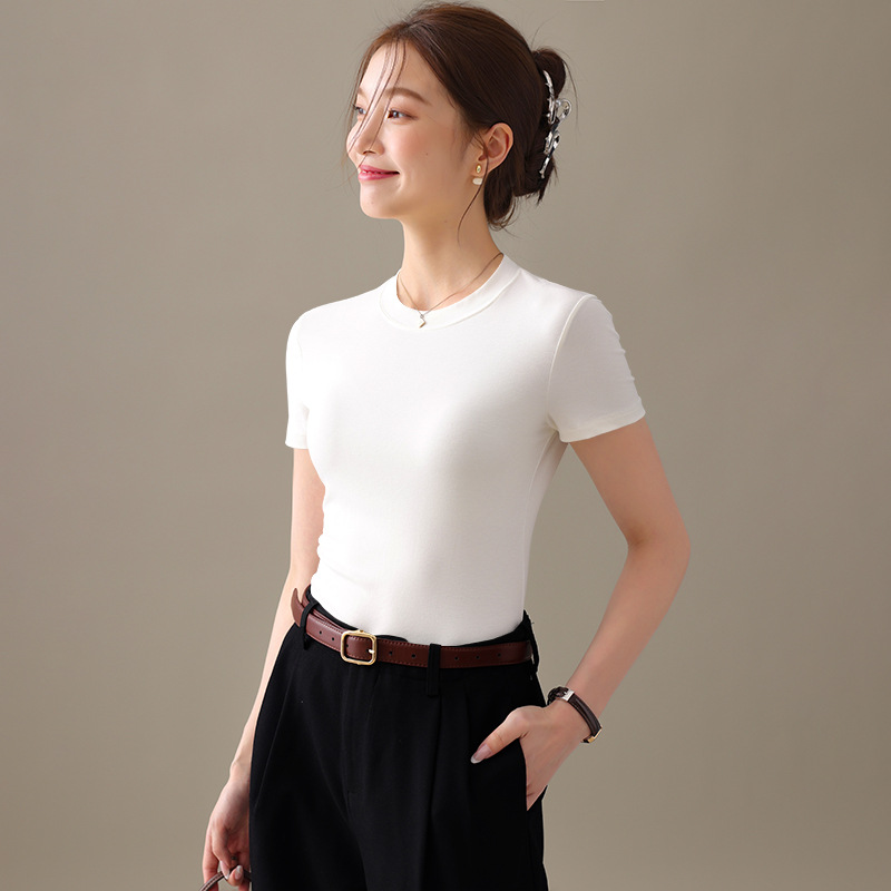 화이트 [순면 불투명] [작은 하이 칼라/어깨 슬림, 서양식 반팔]