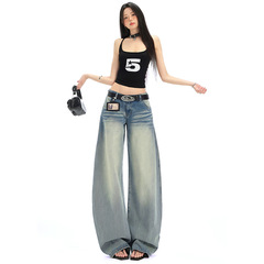 オレンジシルクの女性服 # アメリカンハイストリートウォッシュキャットウィスカーパターンクラフト折り目デザインシルエットシミターワイドレッグジーンズ女性用