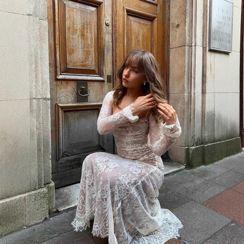 French Style Lace Sling Long Dress Niche Sexy Strapless dress Blouse Jacket Floor Dress Wedding Dress Light Dress