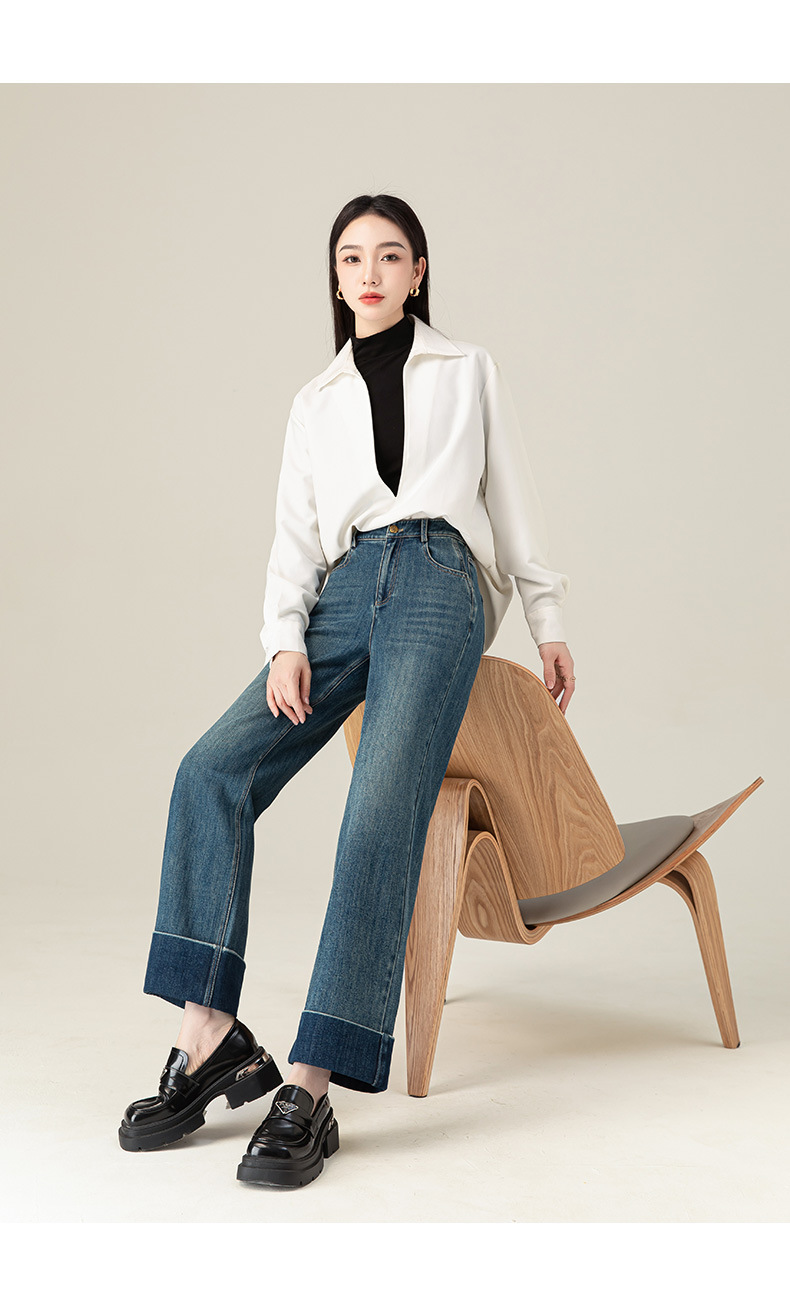 Quần jean ống đứng cạp cao Xinge chất Tencel mềm rủ, gấu gập cho nữ dáng nhỏ — Xanh đá quý chi tiết 18
