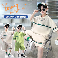 Children's summer wear thin sports suit 2023 new medium and large children handsome boy POLO shirt five-point pants two-piece set
