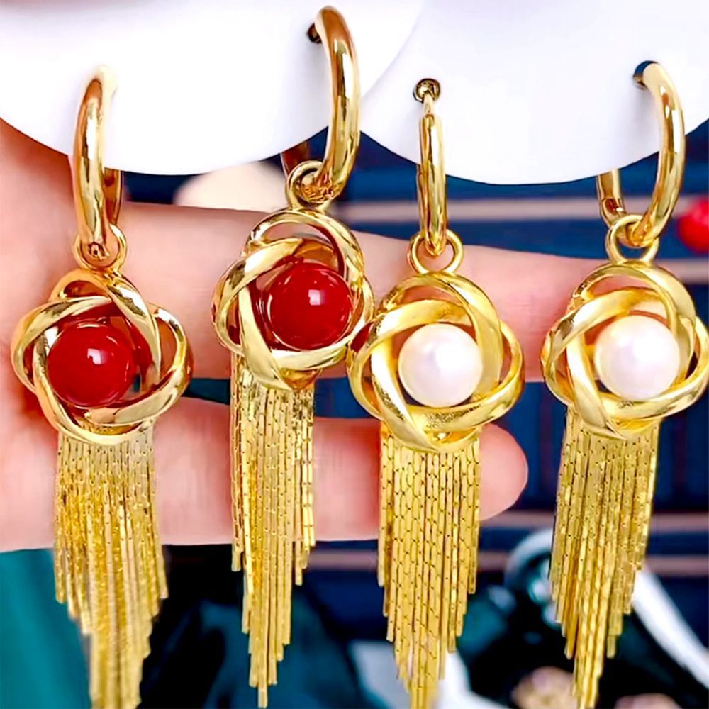 Nuevos pendientes de borla de perlas enrolladas en espiral para mujer, botones de oreja largos de todo fósforo, temperamento fino, pendientes de alta gama de moda para mujer