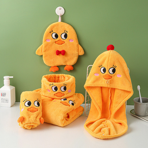Hair Drying Cap New Coral Velvet Shower Cap Cute Cartoon Little Yellow Duck Tube Top Bath Dress Headband Hand Towel Set