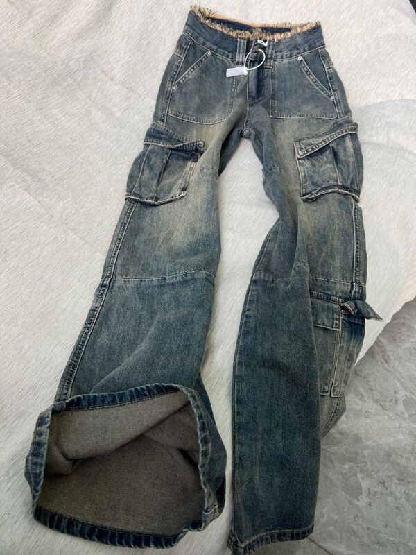 Wide-Leg Cargo Pants for Women, Cool and Sassy Style, Petite Cargo Jeans with Raw Edges, Multi-Pocket Design, Loose and Slimming