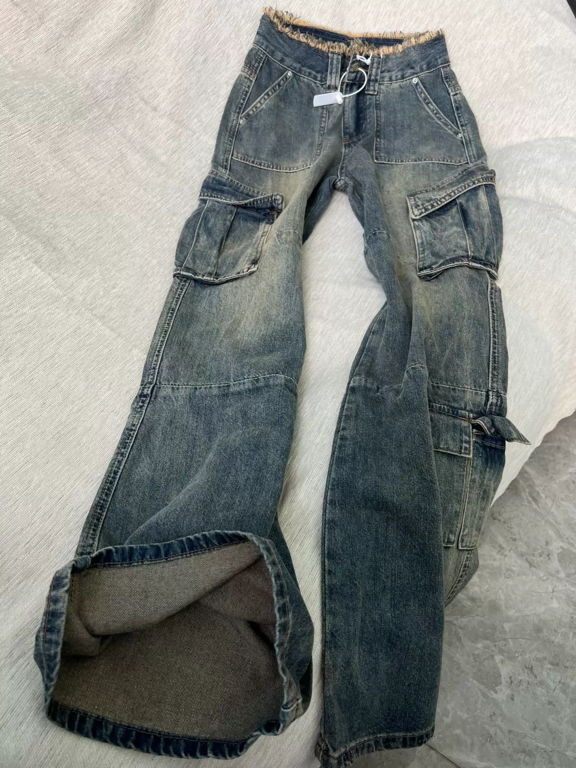 阔腿工装裤女酷飒风小个子工装牛仔裤毛边多口袋设计感宽松显瘦