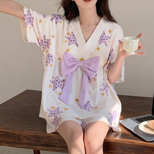 Spring and summer new pajamas women's short-sleeved shorts kimono suit with chest pad Korean style student sweet and cute home clothes