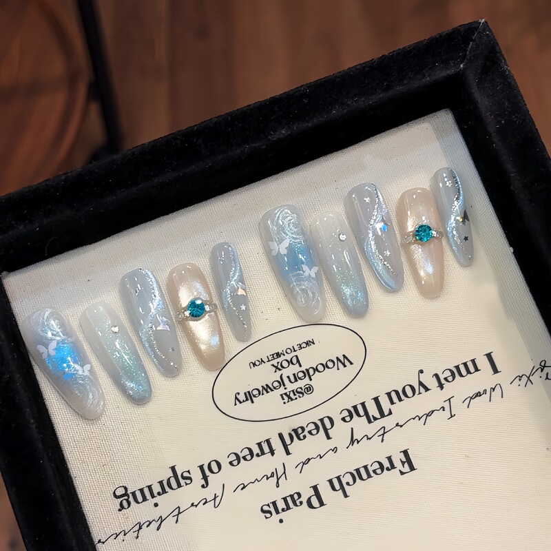 Purely Handmade【Butterfly Reflection】Dreamy Design with Blue Swirls, Cat-Eye Effect, Luxurious Fairy-Like Sparkle, Wearable Nails