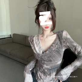 跨境春季辣妹法式别致荡领一字肩上衣不规则长袖t恤打底衫女