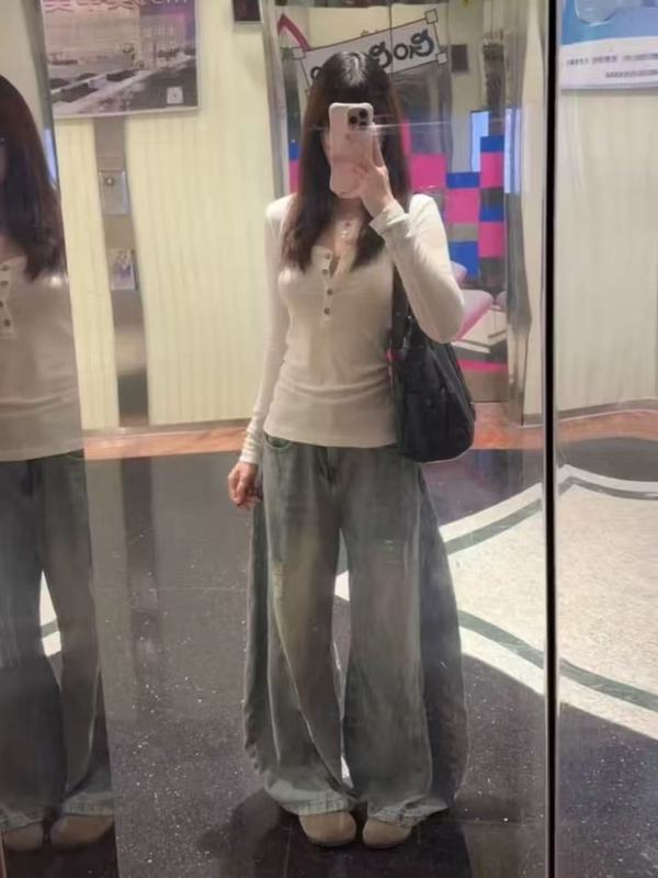 美式白色亨利U领正肩长袖t恤女秋季2025新款修身显瘦收腰辣妹上衣|undefined