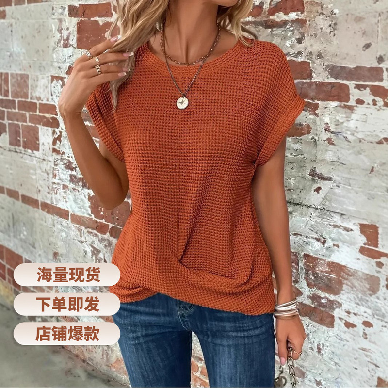 2026 Spring/Summer New Solid Color Round Neck T-Shirt Elegant Short Twist Top Women's Clothing Amazon Cross-Border Trade Short Sleeve