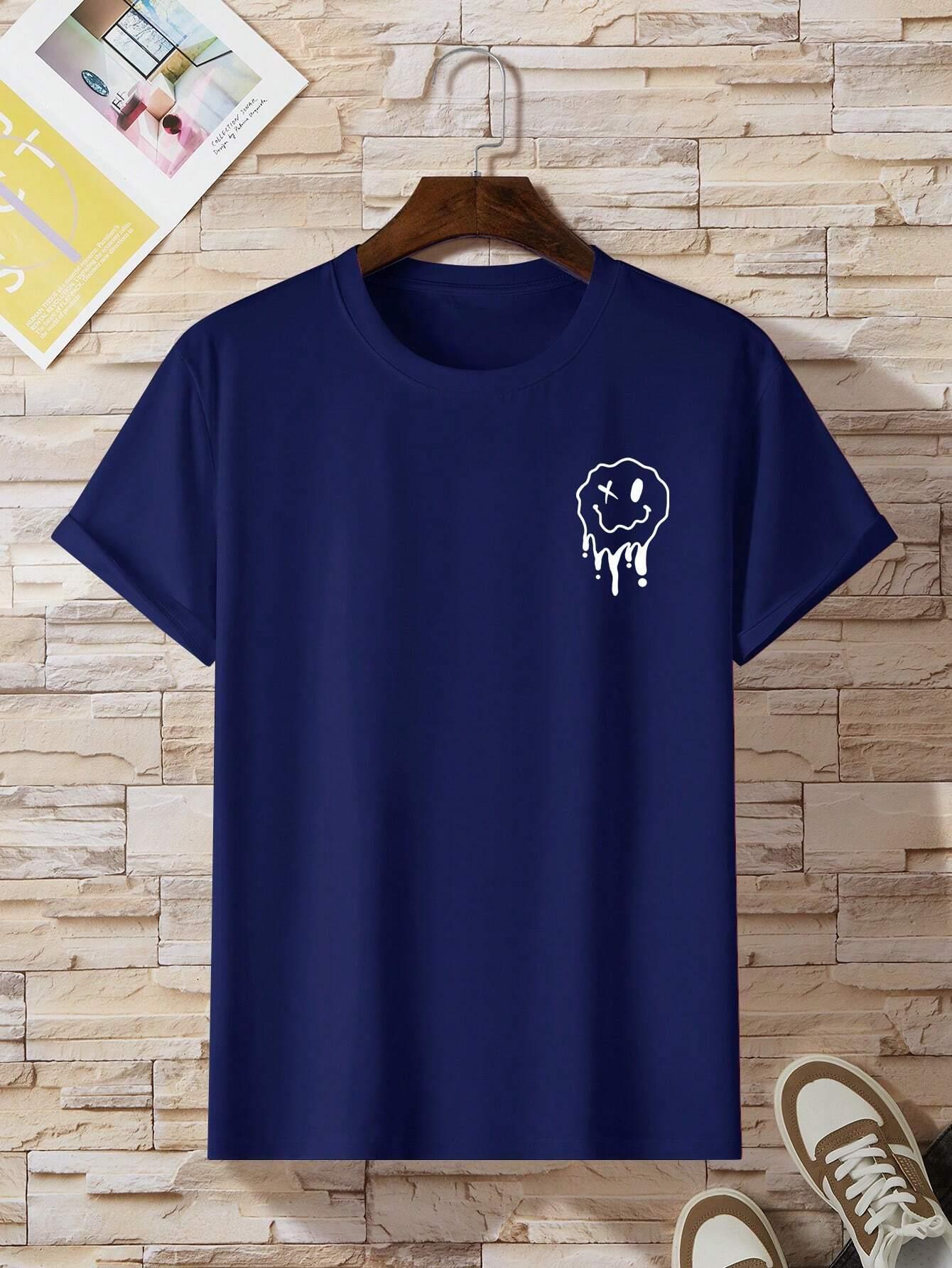 Una cara sonriente divertida, a punto de derretir la camiseta impresa, camiseta de gran tamaño de moda para hombres, abrigo de algodón de verano, descanso suelto