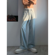 夏季冰丝凉感牛仔裤男生薄款裤子夏天宽松浅蓝色直筒阔腿裤