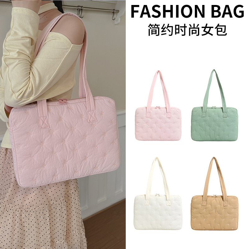 Korean-Style Heavy-Duty Embroidered Bowknot Handbag and Shoulder Bag 14inch Laptop Bag Fresh Japanese-Style Laptop Bag