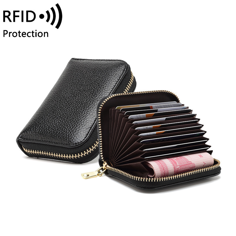 Head layer cowhide organ card bag female RFID anti-theft women's card clip men's card multi-function zipper small wallet Head layer cowhide organ card bag female RFID anti-theft women's card clip men's card multi-function zipper small wallet