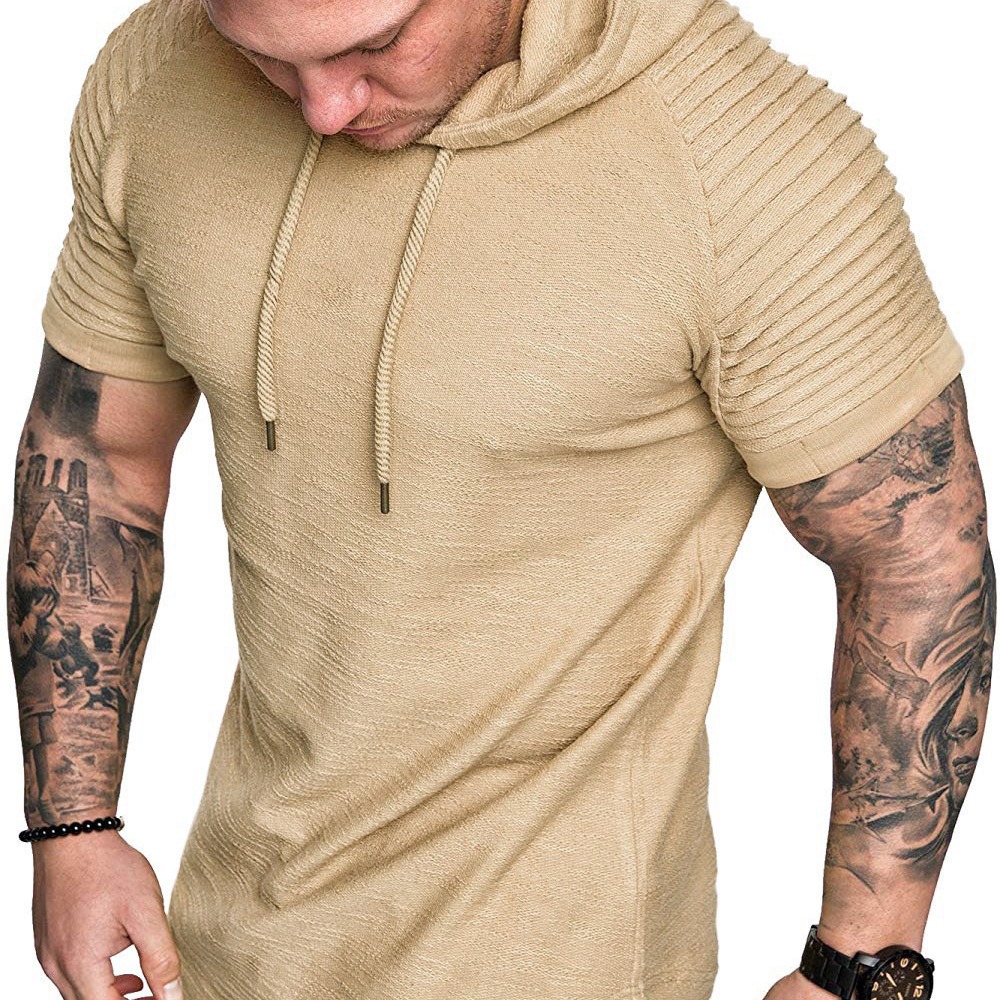 New Casual Fashion Pure Color Wrinkled Hooded T-Shirt Men's Casual Sports Short-Sleeved T-Shirt