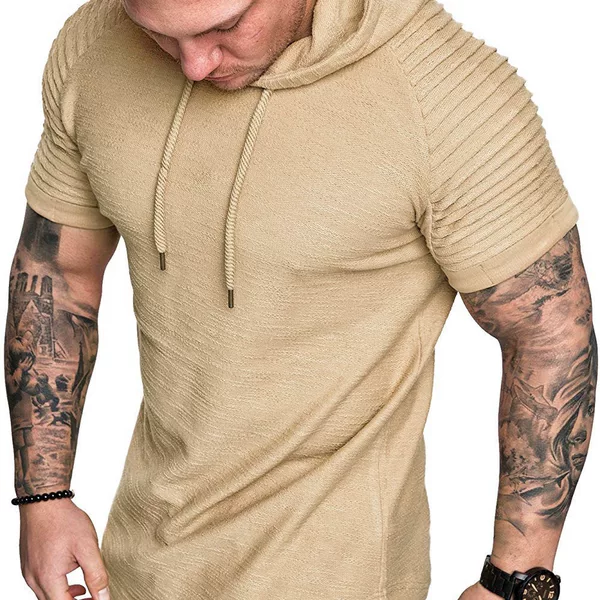 New Casual Fashion Pure Color Wrinkled Hooded T-Shirt Men's Casual Sports Short-Sleeved T-Shirt