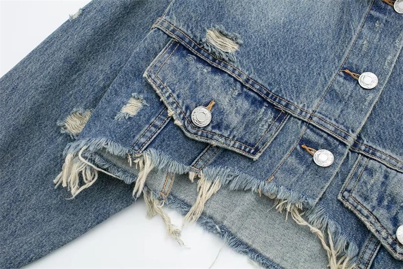 Retro Denim Jacket For Women Long Sleeved Collared Distressed Top_voghion.com