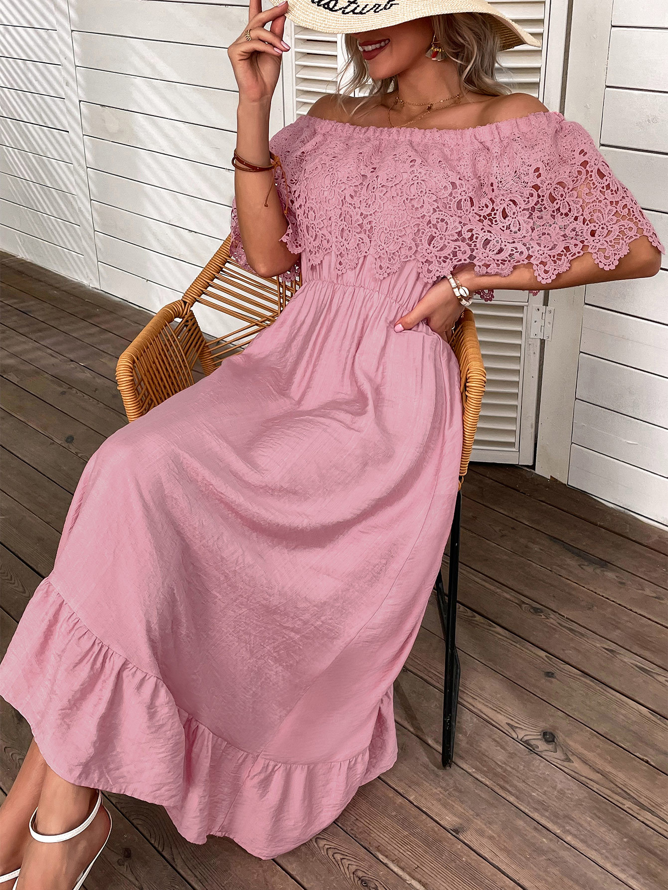 Women's Swing Dress Simple Style Boat Neck Hollow Out Half Sleeve Solid Color Maxi Long Dress Holiday Daily display picture 2