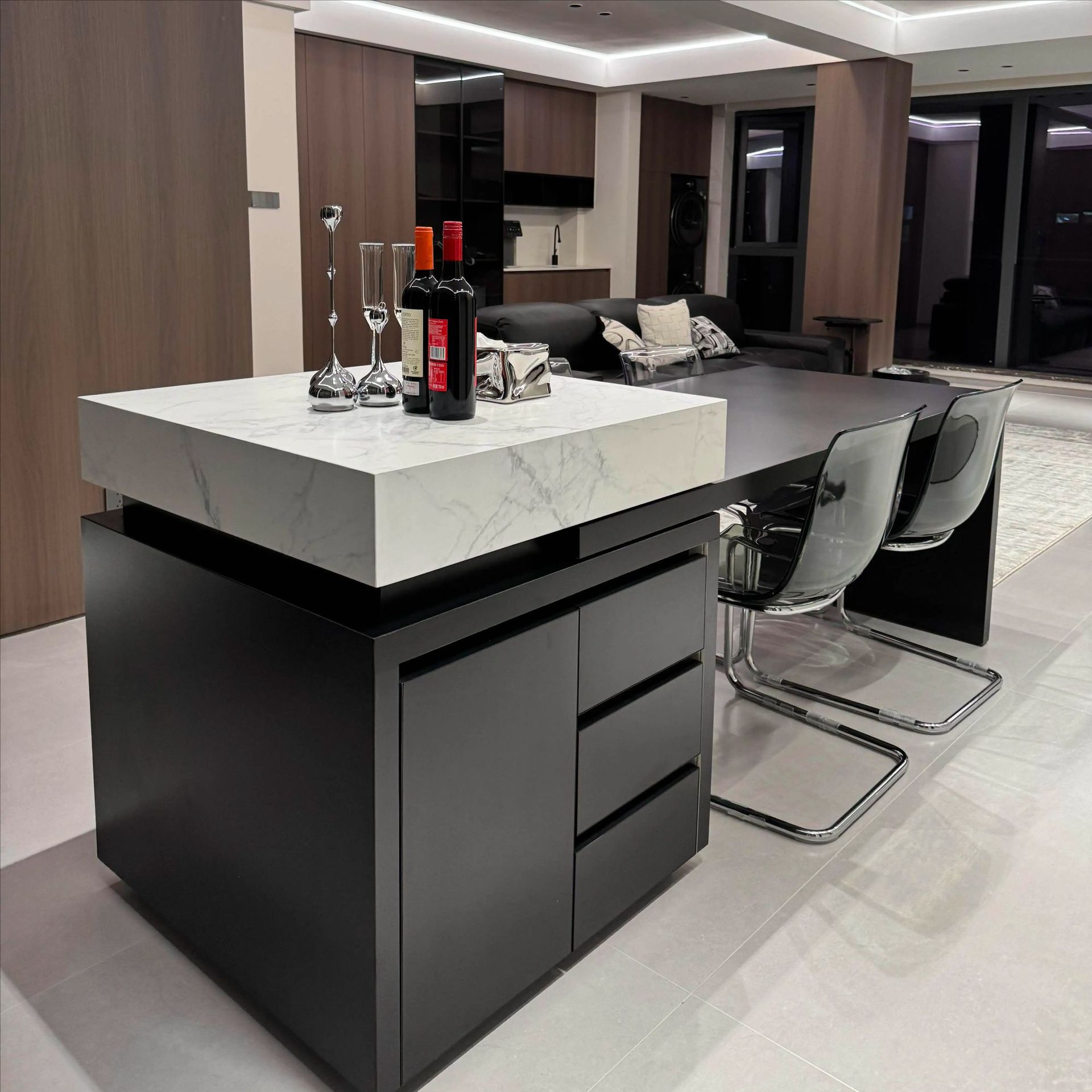 Slate Island Dining Table Integrated Retractable Home Counter Top Small Apartment Open Kitchen Bar Light Luxury Center Table