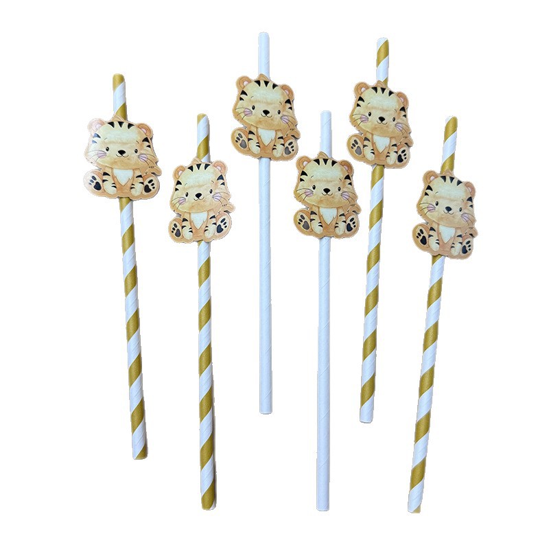 Jung Sen temático animal tigre tarjeta paja desechable postre fiesta decoración papel paja